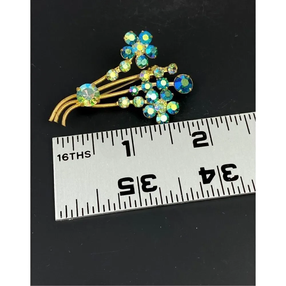 Vintage Gold Tone Blue Aurora Borealis Rhinestone Spray Flower Bouquet Brooch DT